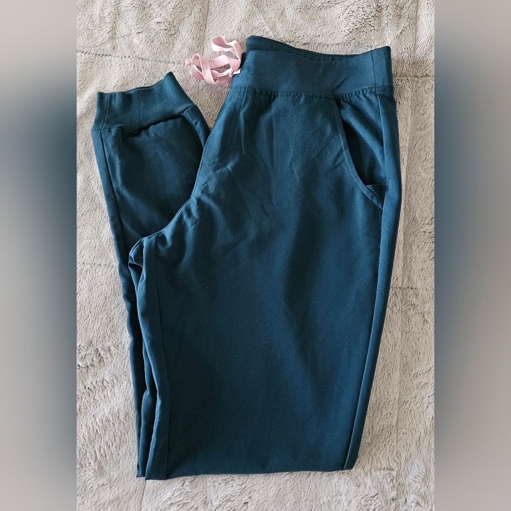 Figs Zamora Teal Jogger Pants with Pink Drawstring Tie Waist.